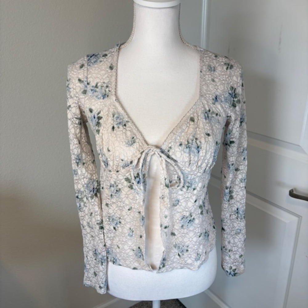 Self Esteem Floral Lace Long Sleeve Tie Front Top Cream Blue Fairycore Small